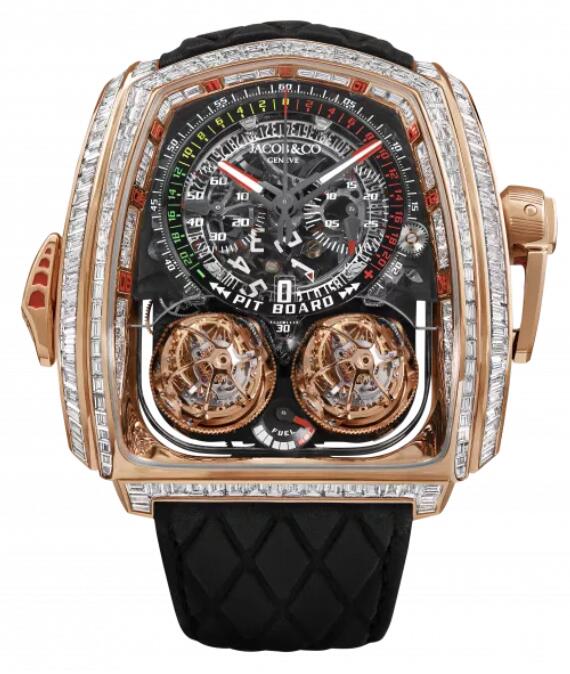 Review Jacob & Co TWIN TURBO FURIOUS BAGUETTE WHITE DIAMONDS ROSE GOLD TT800.40.BD.AA.A Replica watch - Click Image to Close